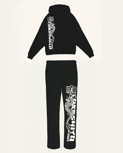 Women Japanese Dragon Hoodie Oversized Co-ord Set - Black and Black