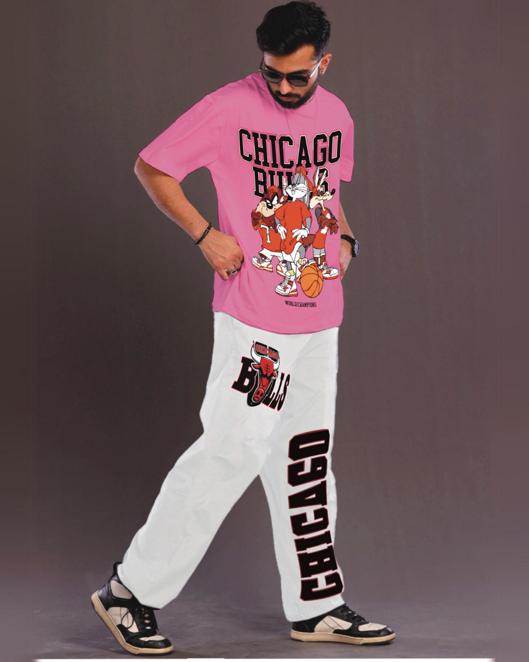 Men's Chicago Bulls Oversized Co-Ord Set - Pink and White