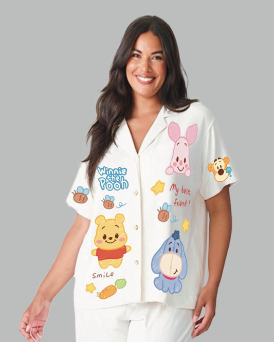 Winnie the Pooh Women Half Sleeve White Oversized Knitted Shirt