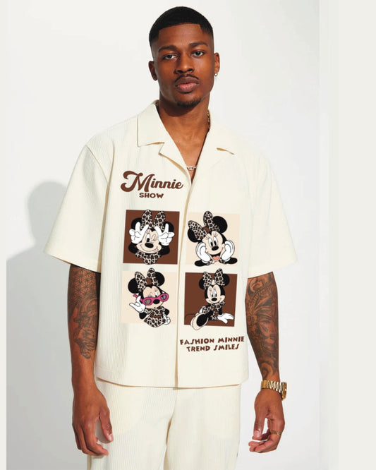 Minnie Show Half Sleeve White Oversized Knitted Shirt