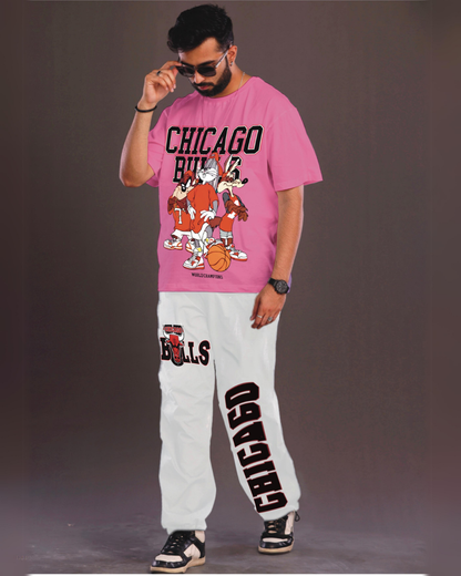 Men's Chicago Bulls Oversized Co-Ord Set - Pink and White