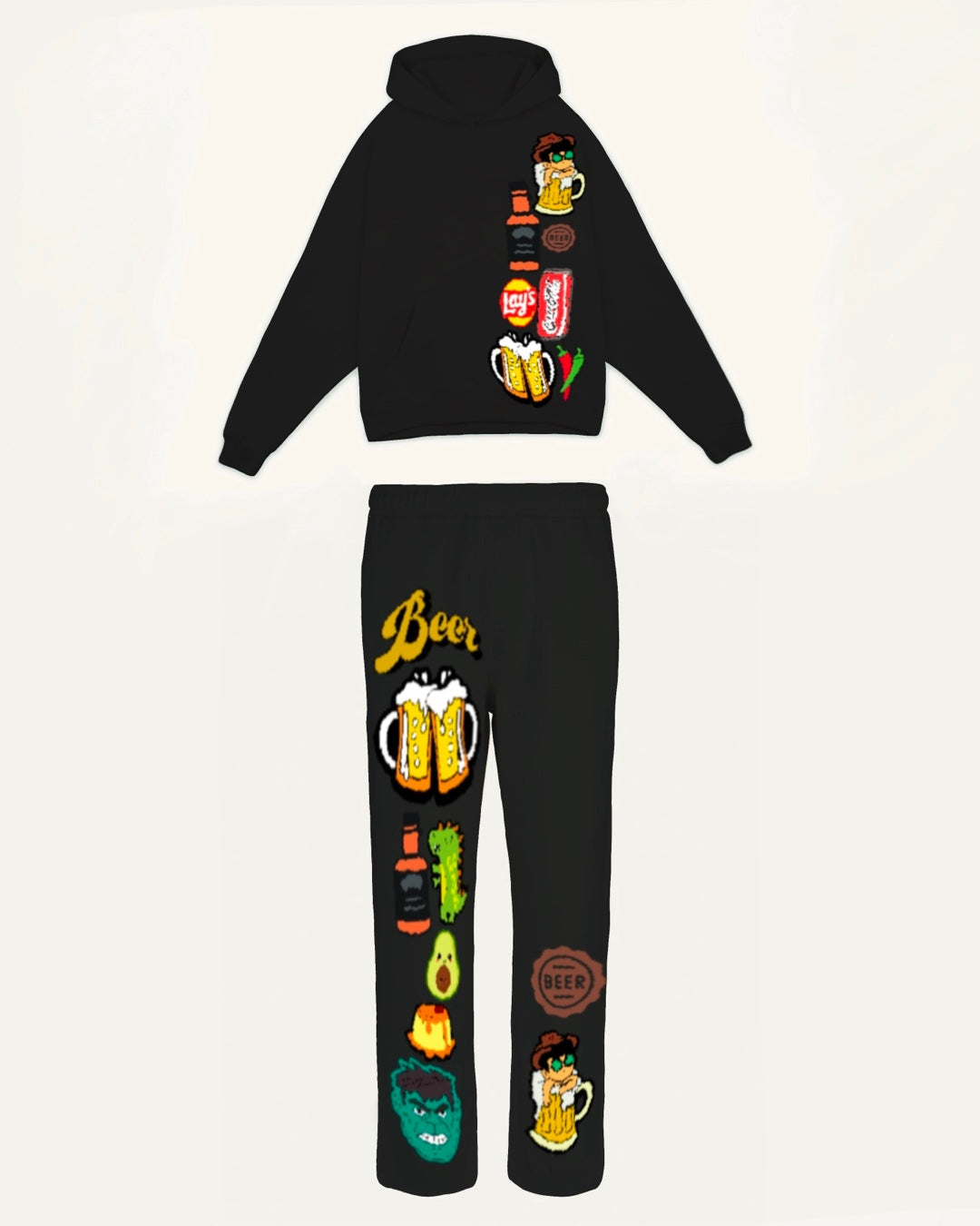 Women BeerFood Hoodie Oversized Co-ord Set - Black and Black