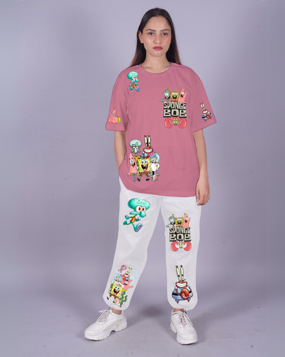 Women SpongeBob Graphic Oversized Co-Ord Set - Pink and White