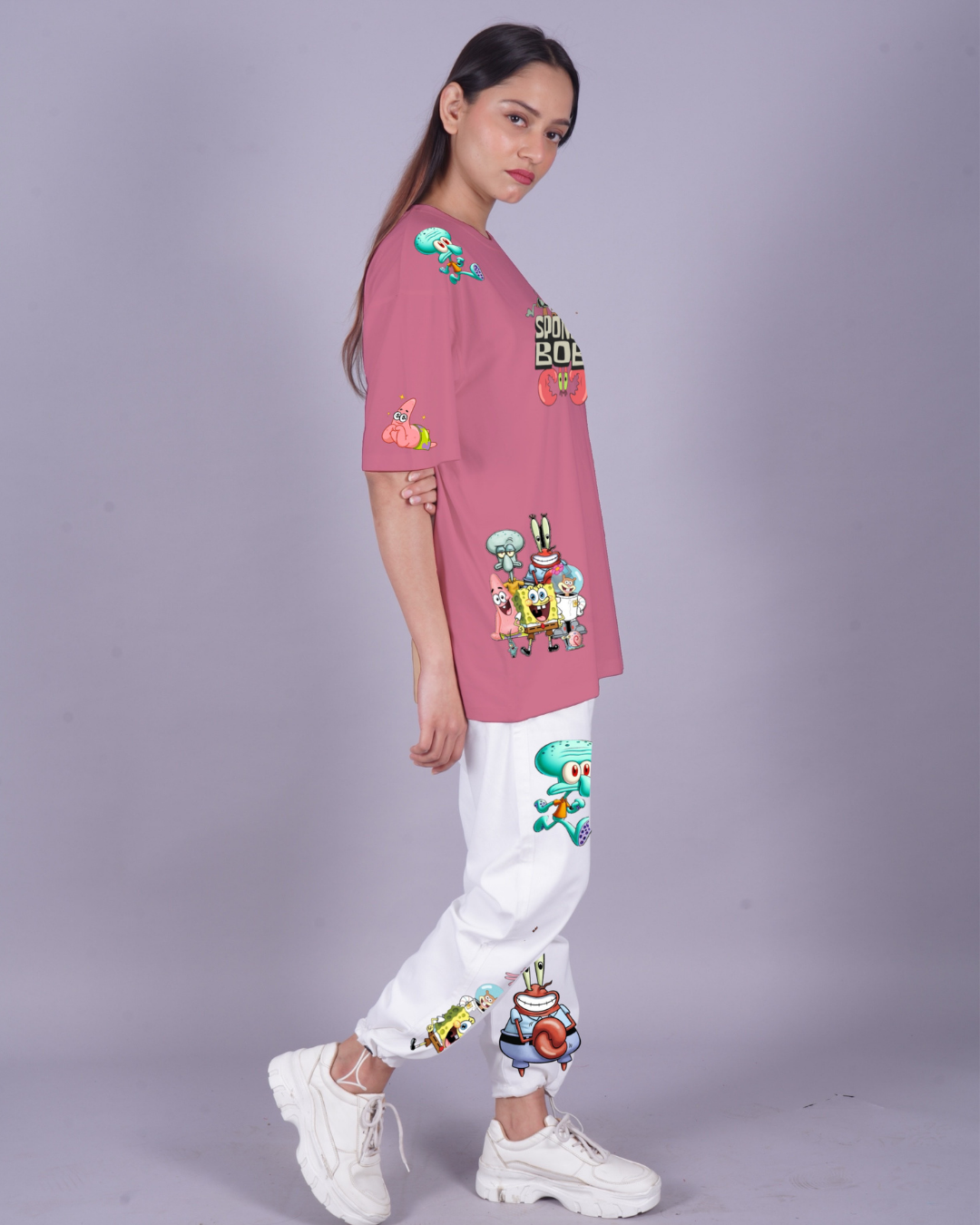 Women SpongeBob Graphic Oversized Co-Ord Set - Pink and White