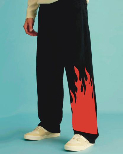 Men's Black Cotton Pant - Red Fire