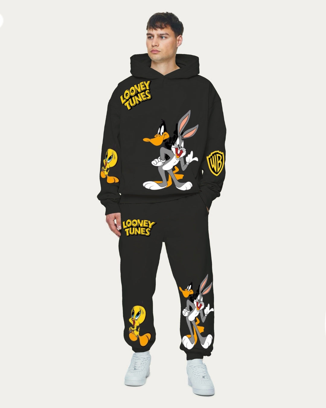 Men's Looney Tunes Hoodie Oversized Co-ord Set - Black and Black