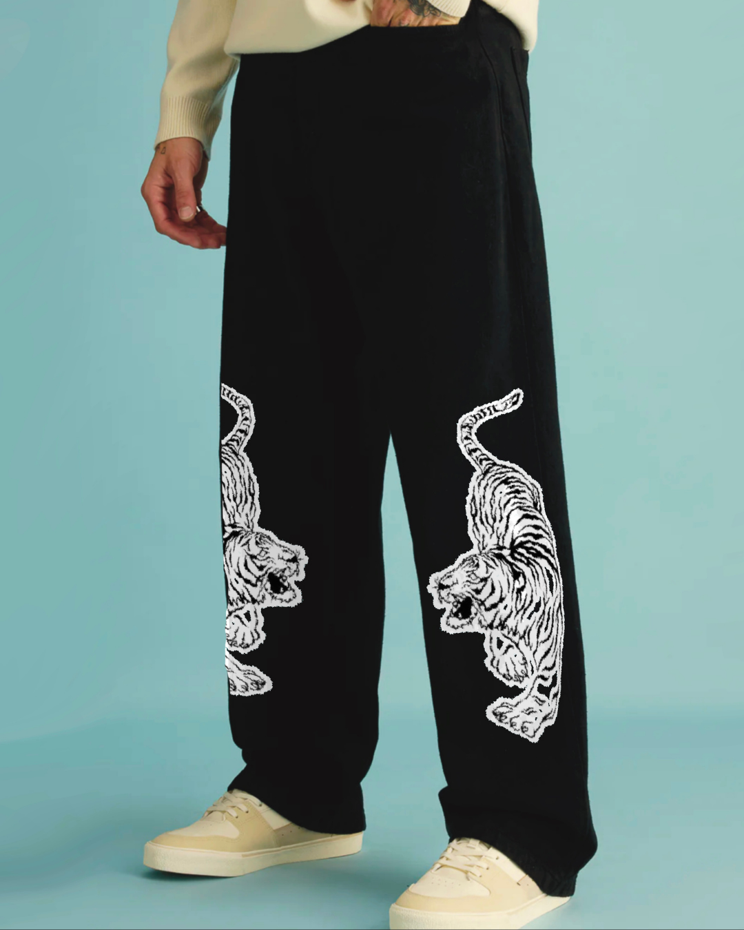 Men's Black Cotton Pants - Snow Tiger