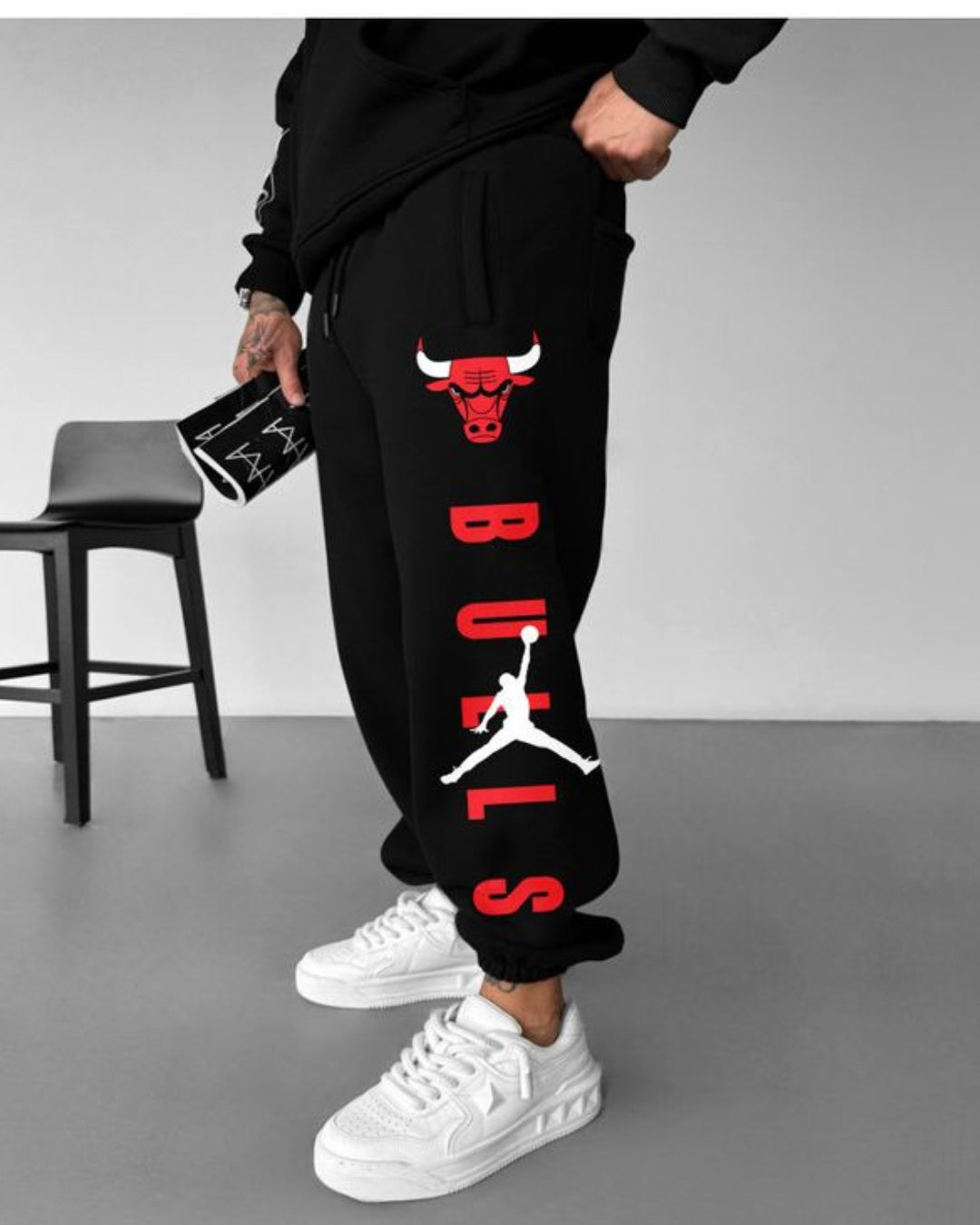 Men's Black Cotton Pant - Bulls