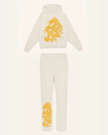 Women Golden Dragon Hoodie Oversized Co-ord Set - White and White