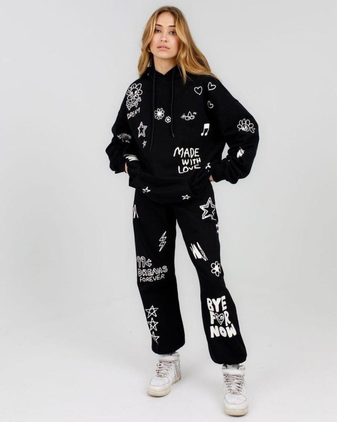 Women Loved By God Hoodie Oversized Co-ord Set - Black and Black