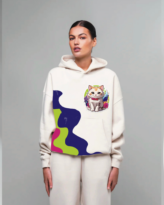 Women White Oversized Hoodie - Cat Edition