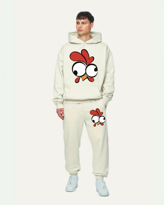 Men's Hen Graphic Hoodie Oversized Co-ord Set - White and White