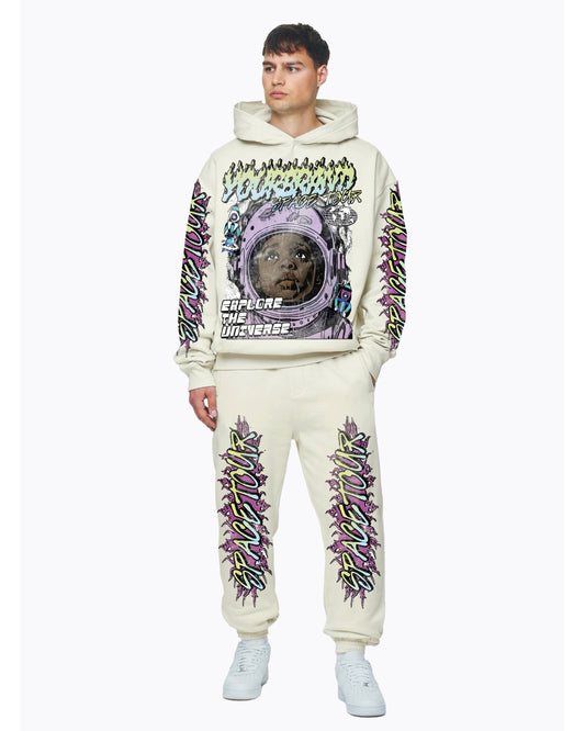 MEN'S SPACE TOUR OVERSIZED HOODIE CO-ORD SET - WHITE AND WHITE