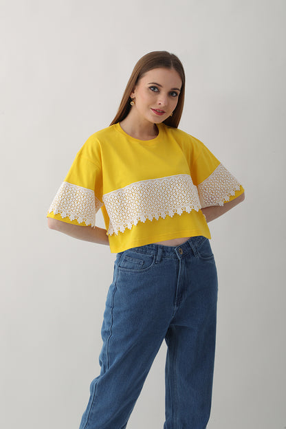 Sunflower Yellow Oversized T-Shirt with Designer Lace Trim for Women