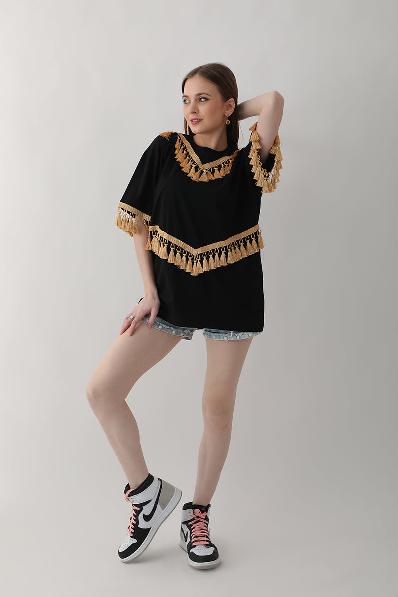 Black with Golden Tassel Oversized T-Shirt