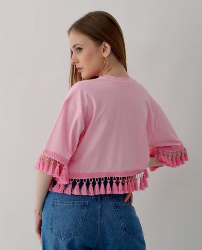 2 Oversized Women's Tops: Yellow with White Lace & Pink with Pink Tassels, 100% Cotton