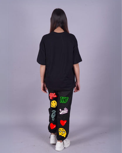 Women Goggy Love Smiley Oversized Co-Ord Set - Black and Black