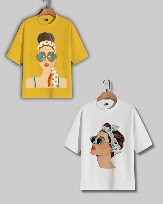 Pack of 2 Women's Oversized Tees - Sunglass Girl & Goggy Design