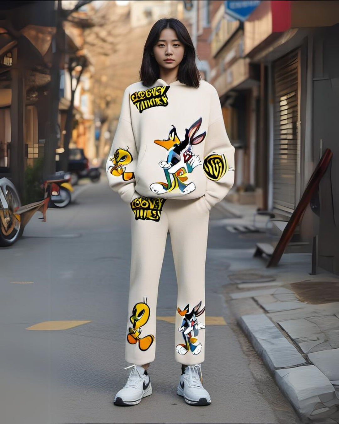 Women Looney Tunes Hoodie Oversized Co-ord Set - White and White