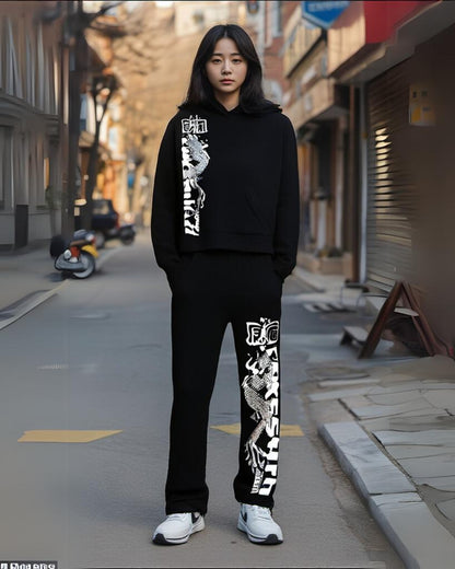 Women Japanese Dragon Hoodie Oversized Co-ord Set - Black and Black