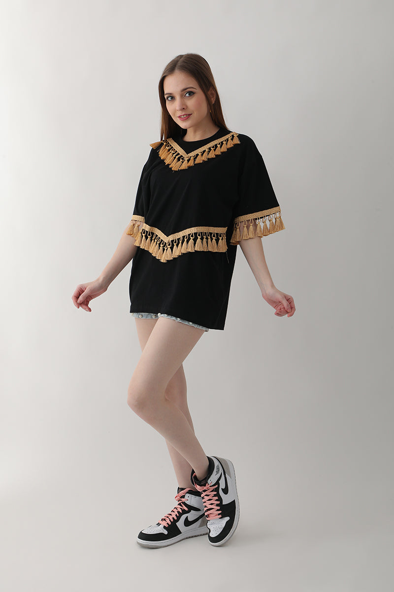 Black with Golden Tassel Oversized T-Shirt