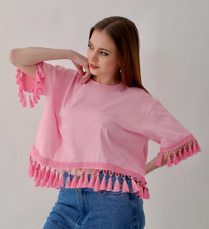 Cotton Candy Pink Top with Pink Tassel Trim