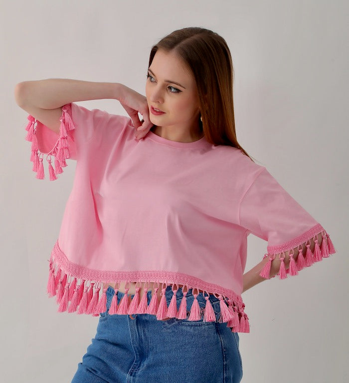 Oversized Ladies Tops in Black & Cotton Candy Pink with Multicolored Tassel Trim