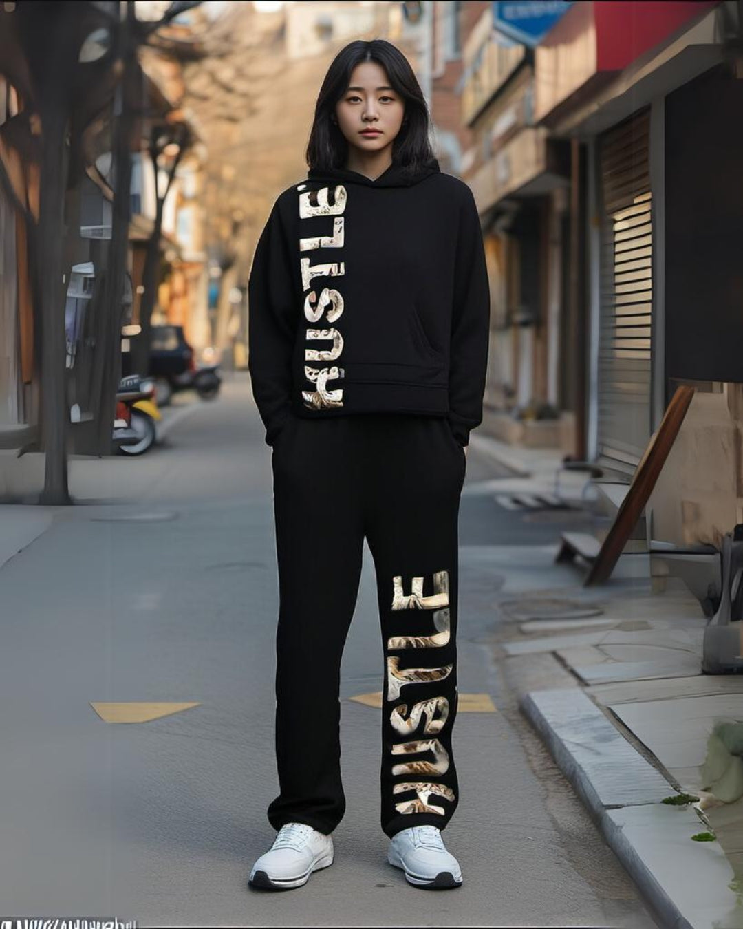 Women Hustle Hoodie Oversized Co-ord Set - Black and Black