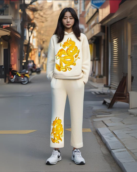 Women Golden Dragon Hoodie Oversized Co-ord Set - White and White