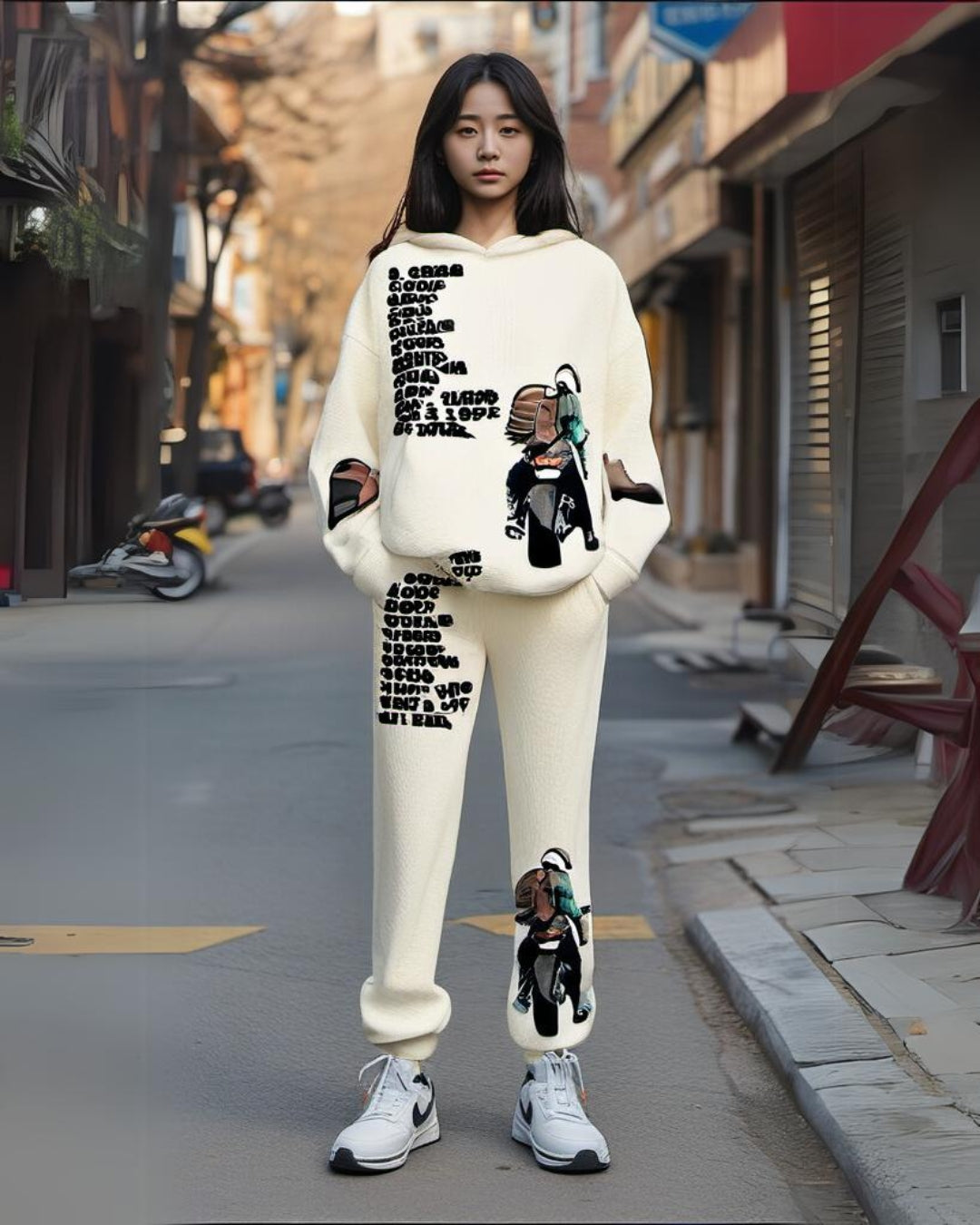 Women Biker Hoodie Oversized Co-ord Set - White and White