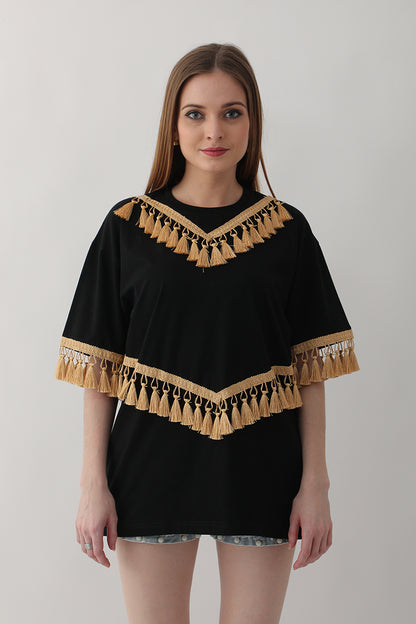 Black with Golden Tassel Oversized T-Shirt