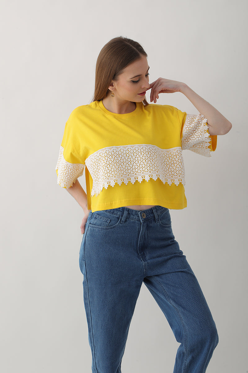 2 Women's Oversized Tops: Yellow Lace & Off-White Fringes, 100% Cotton