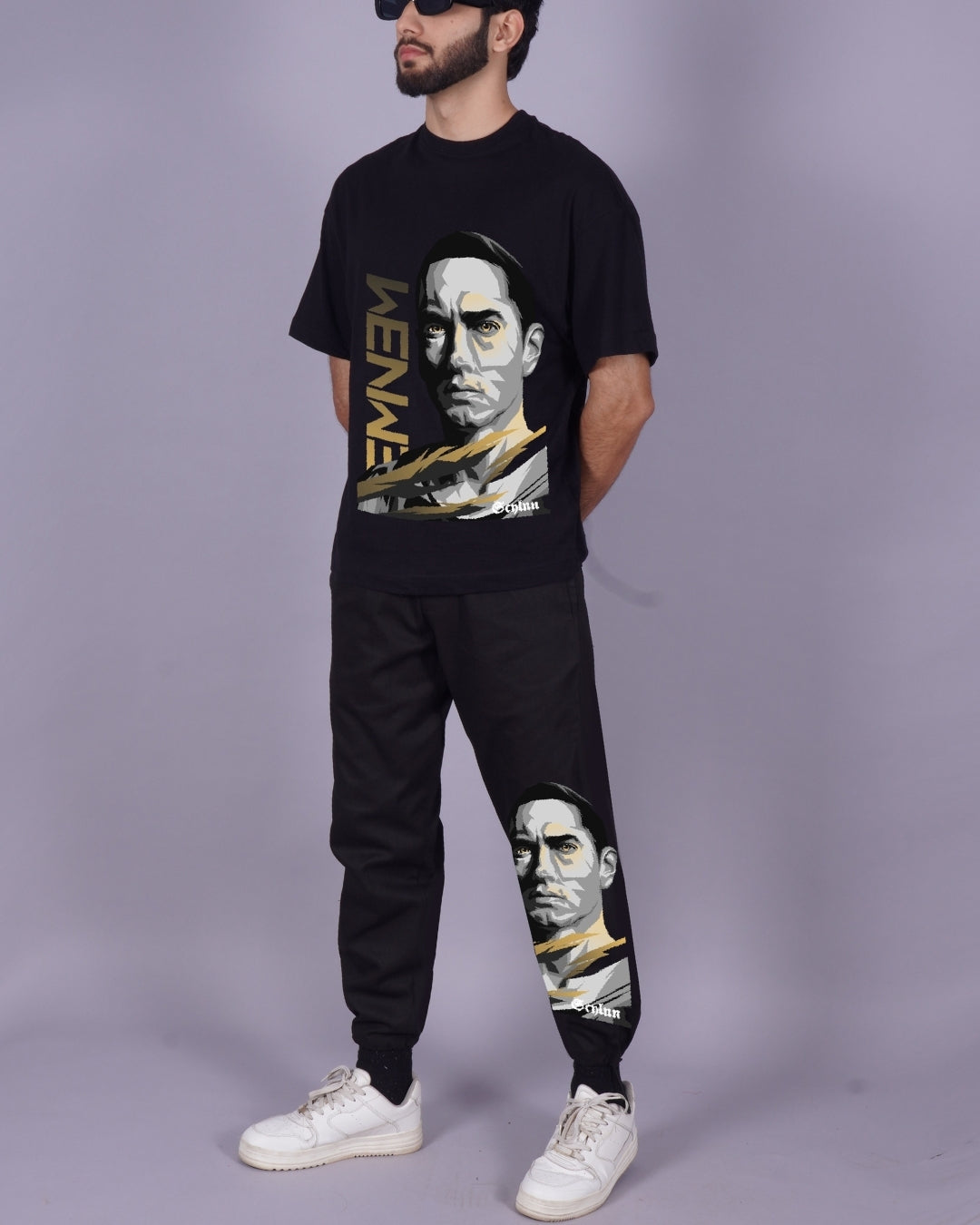 Men's Co Ord Eminem Graphic Oversized Set in Black