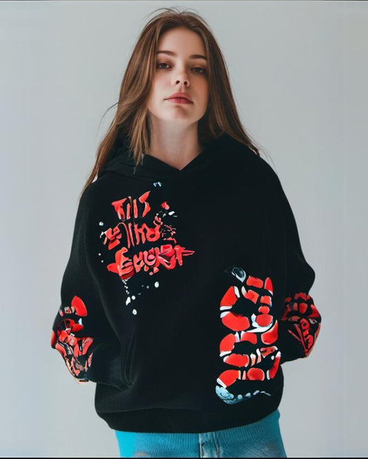 Women Black Oversized Hoodie - Snake Edition