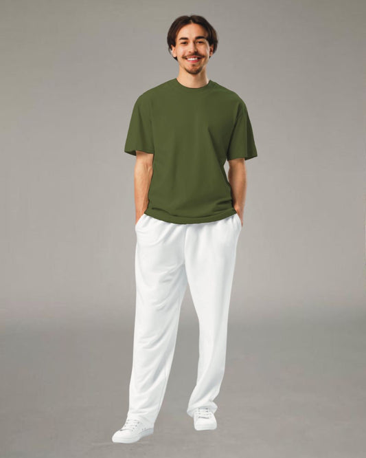 Olive and White Solid Oversized Men's Co Ord Set