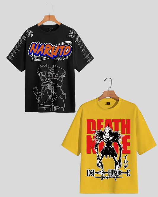 Pack of 2 Men's Oversized T-Shirt: Naruto Graphic & Death Note