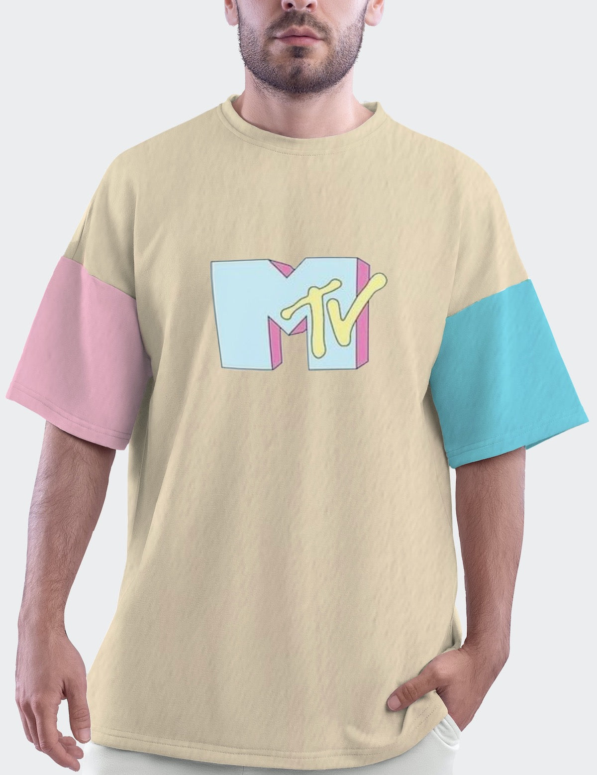 MTV Butter Cream Urban Oversized Fit Tee with Dual Colour Sleeves