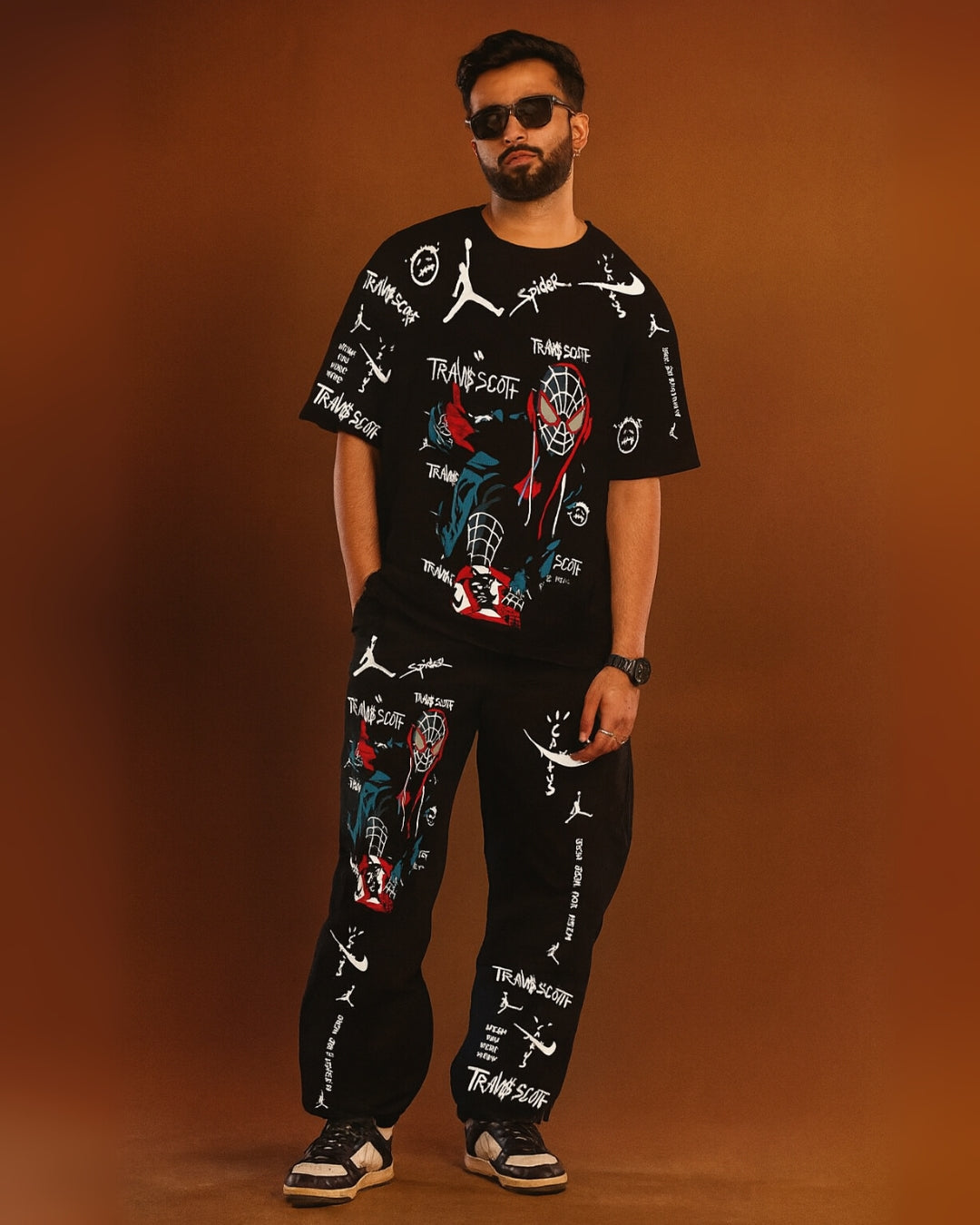 Web Warrior: Black Oversized Men's Co Ord Set(*)