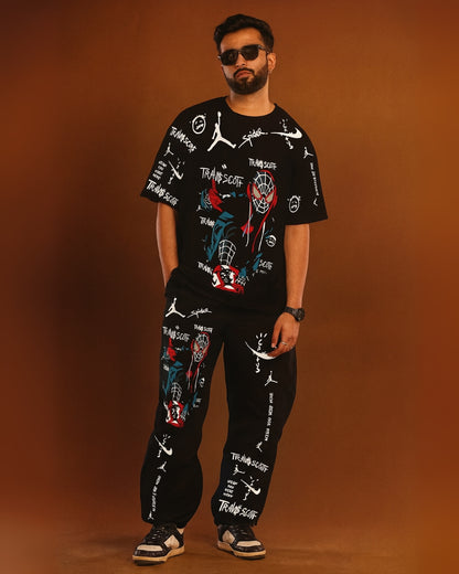 Web Warrior: Black Oversized Men's Co Ord Set(*)