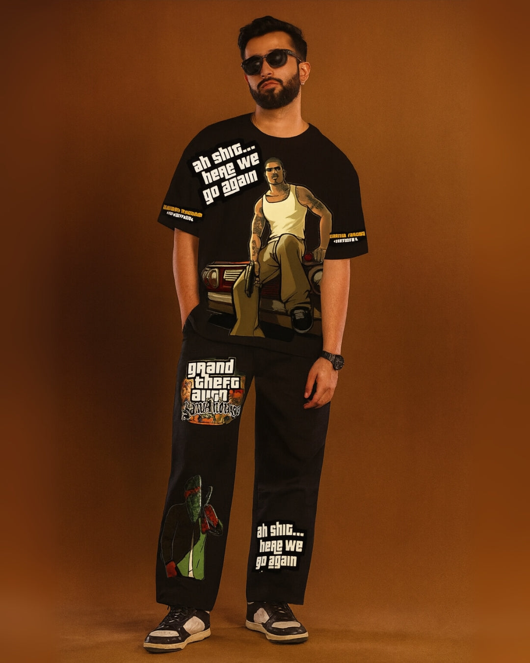 Men's Oversized Black and Black GTA Co Ord Set