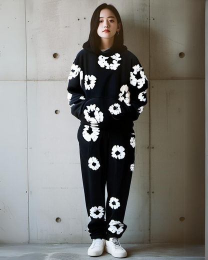 Women Flower World Hoodie Oversized Co-ord Set - Black and Black