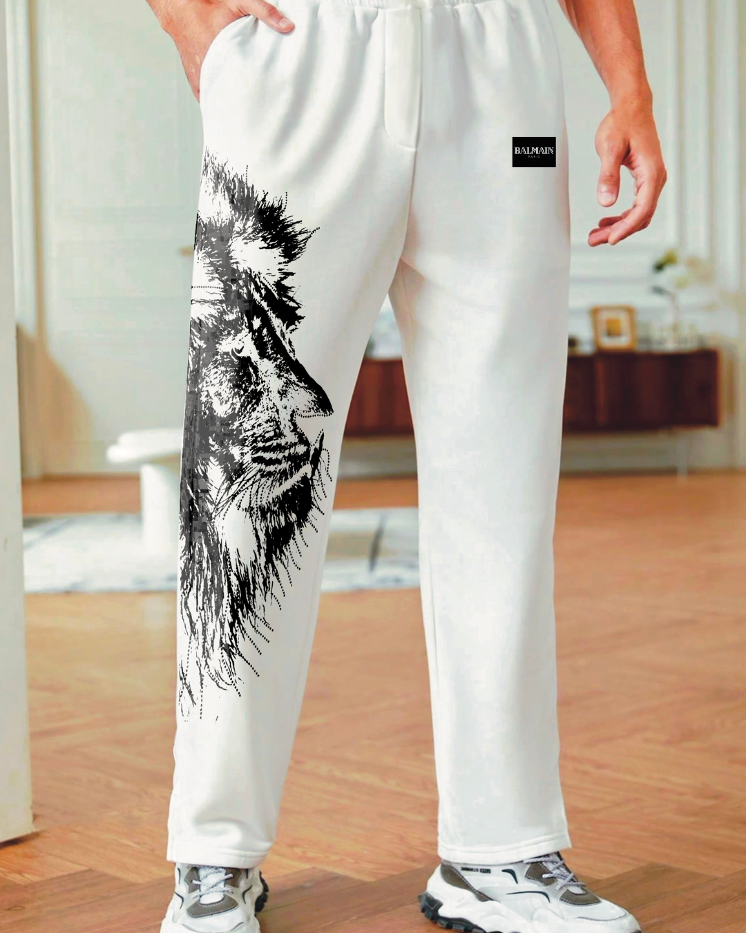 Men's Designer White Cotton Pant - Balmain Tiger