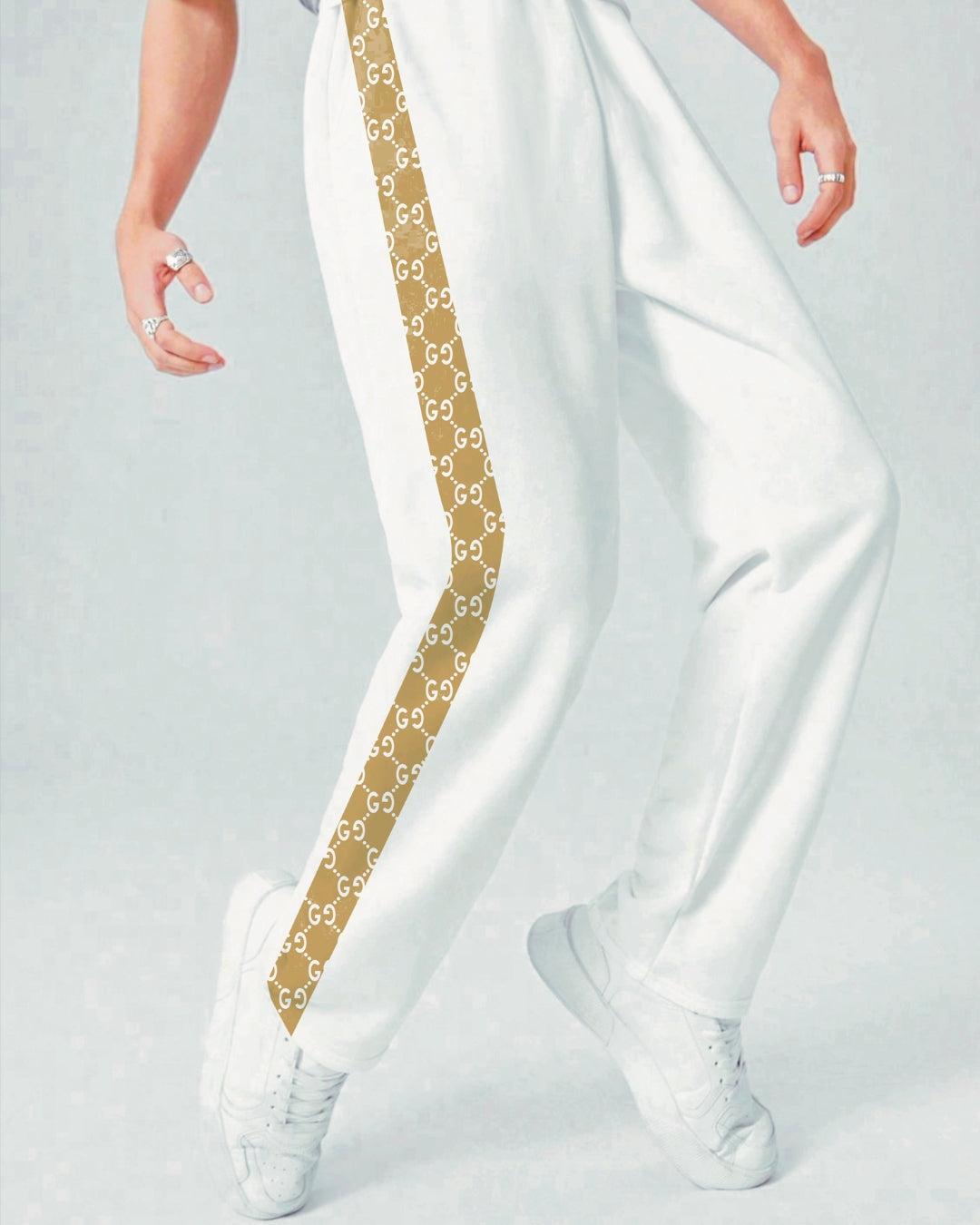 Men's Designer White Cotton Pant - Gu'cci Straps