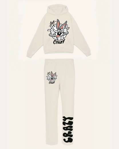 Women Stay Crazy Hoodie Oversized Co-ord Set - White and White