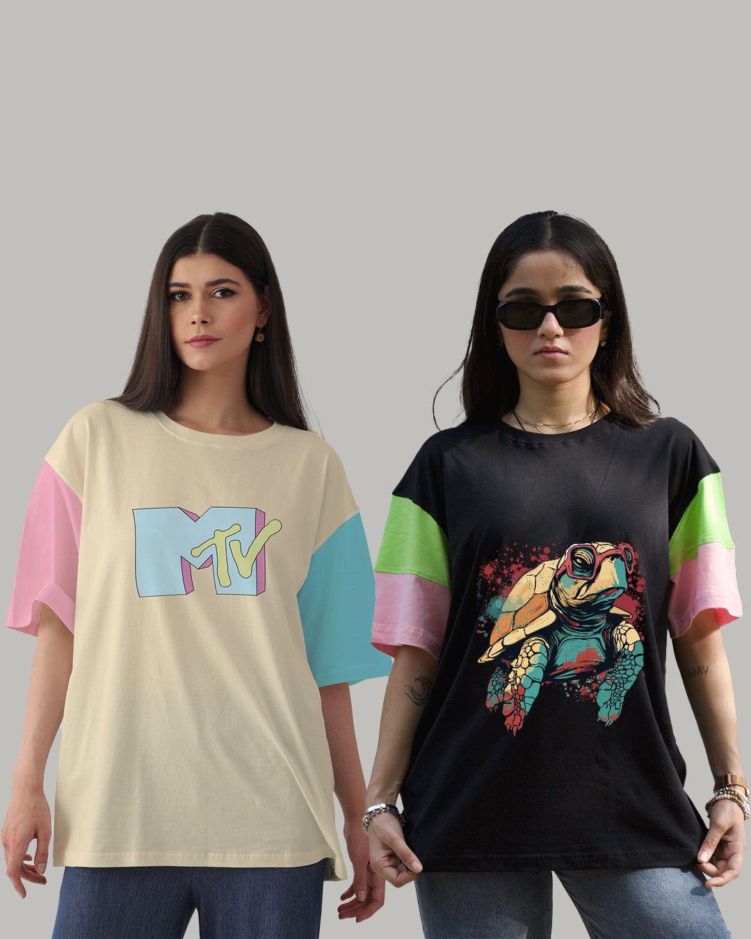 MTV Turtle Unisex Pack of 2 Oversized Urban T-Shirts: Women's T-Shirt Combo