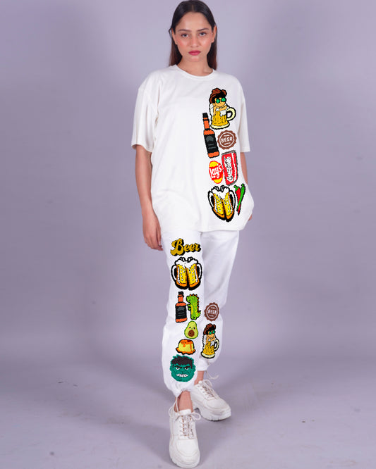 Women BeerFood Oversized Co-Ord Set - White and White