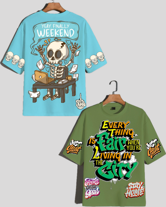 Pack of 2 Women's Oversized Tees - Weekend Skull & Just Start