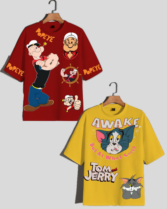 Pack of 2 Women's Oversized Tees - Popeye Graphic & Tom and Jerry