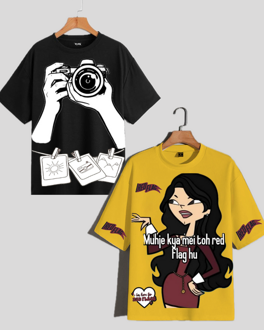 Pack of 2 Women's Oversized Tees - Camera Design & Red Flag