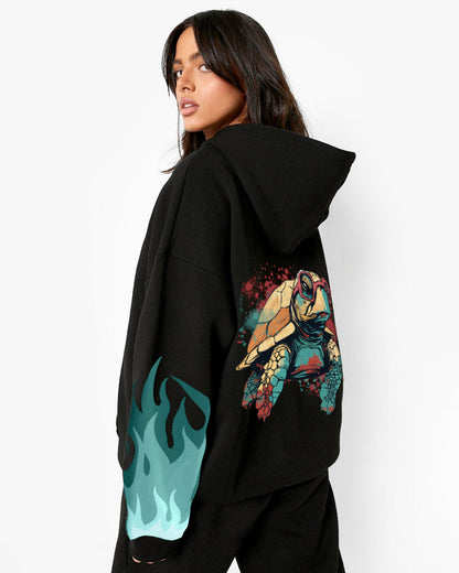 Women's Black Oversized Hoodie: Turtle Firestorm